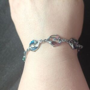 Silver Tone Blue Green Pink Paua Shell Dolphin Tennis Statement Bracelet